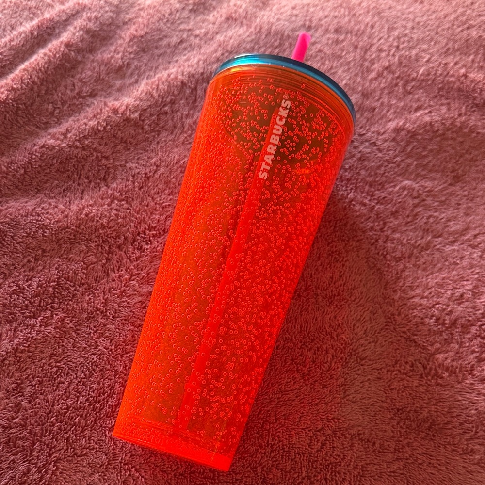 Starbucks 24oz Neon Orange Bubble Tumbler with Hot Pink Straw and Blue Lid